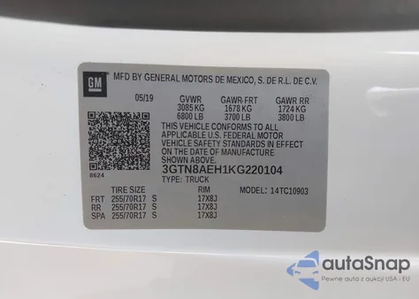 2019 GMC Sierra 1500 из США, поврежденный, VIN 3GTN8AEH1KG220104